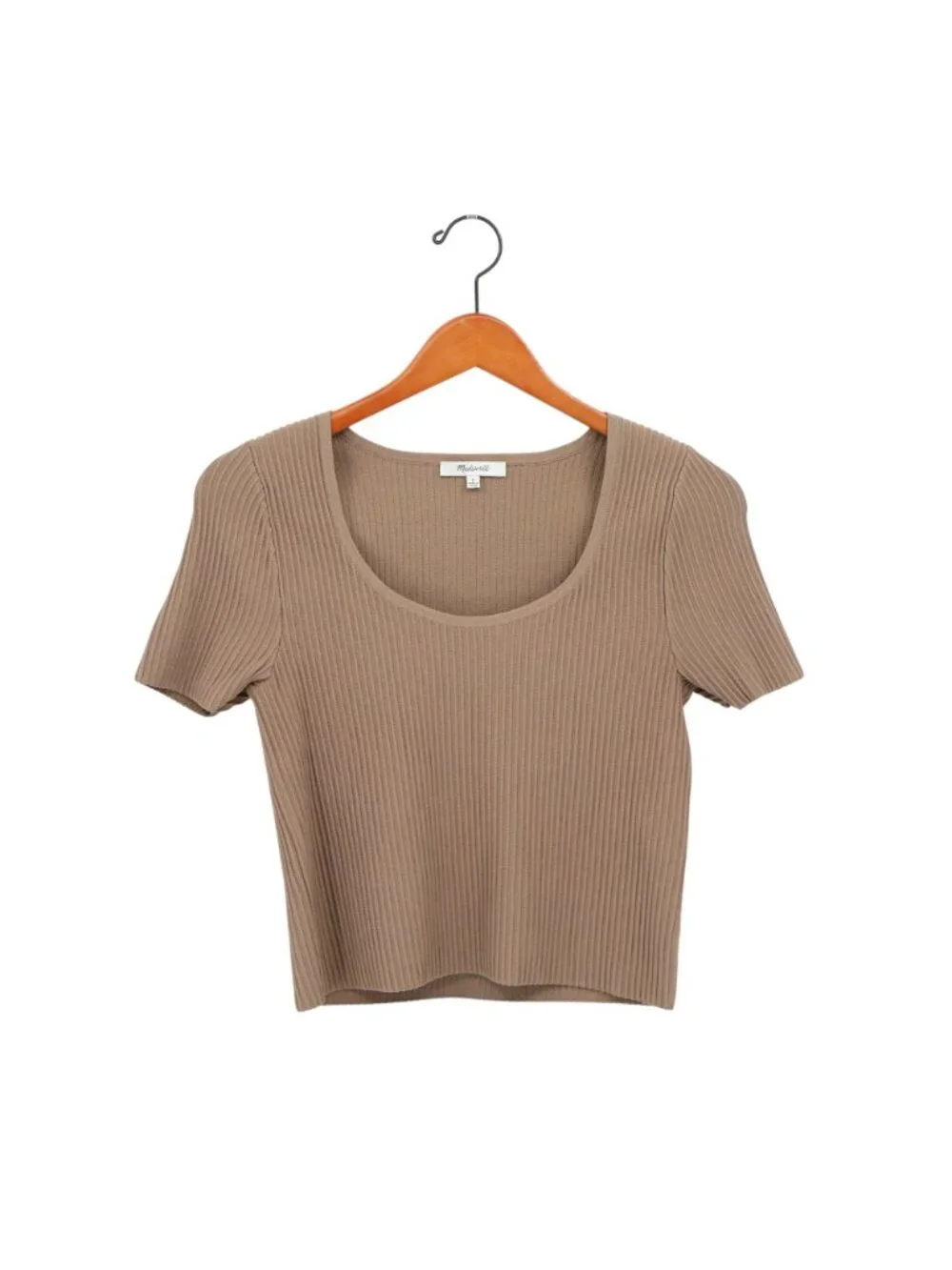 Madewell Ottoman Crop Sweater Tee Shirt Top Ribbed in Light Umber Brown L - Picture 3 of 6